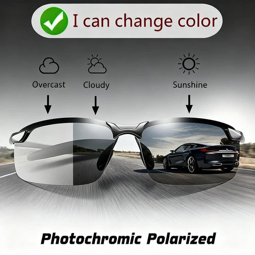 Photochromic Polarized Fashion Glasses - Frameless Photochromic Lenses Unisex, Retro Half Metal Frame, Blue Light Filter, Sport Style, Suitable for Outdoor Outings